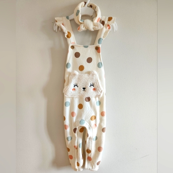Polka Dot Romper&Headband Set 24 Months with Fleece Animal Pocket - Picture 1 of 8